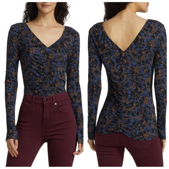 Veronica Beard Dempsey Floral Print Ruched Jersey Top In Blue Black Size XL - Picture 1 of 8